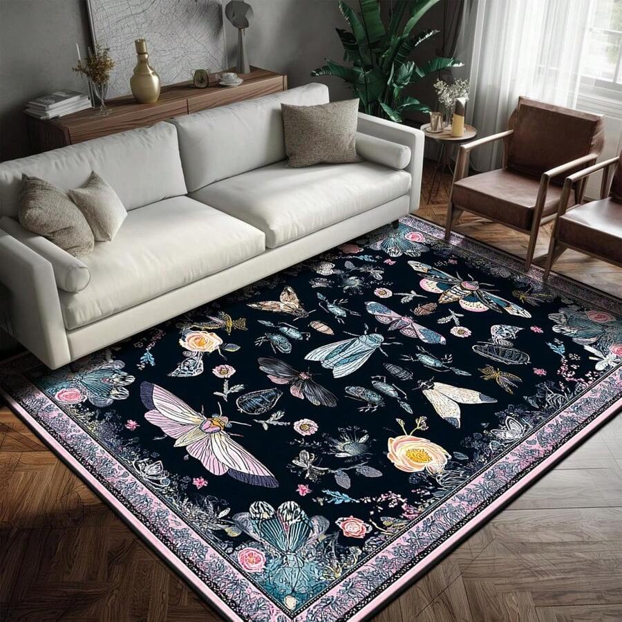 Vintage Butterfly Area Rug For Living Room Gothic Moth Area Rug Non Slip Large Rug For Living Room, Bedroom, Farmhouse, Dining Room, Home Decor Black And Pink, Boho Gothic Living Room Area Decor, 84*60inch,Perfect Choice For Gift ,Stylish And High-Quality Rugs, Perfect For  Decorations And GiftsHome Decor, The Best Choice For Gothic-Style Birthday Gifts - Moth 03 - View 1