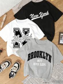 3件套夏季新款简约经典百搭美式字母印花休闲圆领短袖T恤，时尚百搭女式上衣