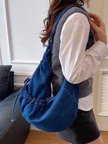 Túi đeo vai vải bố màu xanh lam kiểu Nhật Bản, túi đeo chéo thời trang có khóa kéo và nơ xếp ly, túi xách gấp gọn hình lưỡi liềm thích hợp đi học/đi làm/đi làm hàng ngày. - Nhiều màu - Xem 8