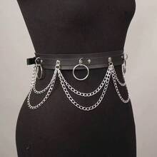 1 pieza Cinturón de cuero con colgante circular de metal negro de doble capa para mujer de talla grande, accesorio decorativo de cadena de estilo punk oscuro para uso diario - Negro - Ver 3