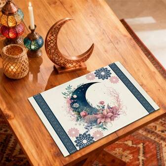 4ชิ้น แผ่นรองจานลายเดือนรอมฎอน ตกแต่งด้วยพระจันทร์เสี้ยวสีฟ้าและลายดอกไม้ เหมาะสำหรับงานสังสรรค์ รับประทานอาหาร และของตกแต่งวันหยุด ขนาด: 30x45ซม. เหมาะสำหรับของตกแต่งบ้าน, ของตกแต่งโต๊ะวันหยุด, ของตกแต่งบ้านไร่, ของตกแต่งสไตล์บ้านไร่, แผ่นรองซักได้, วัสดุที่ทนทาน, ของตกแต่งโต๊ะวันหยุด และความบันเทิงภายในบ้าน