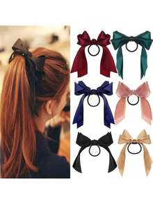 6pcs Satin Bow Elastic Hair Ties, Hair Ties, Hair Scrunchies, Hair Accessories, Cute Gift For Women, Valentine's Day Head Accessories
