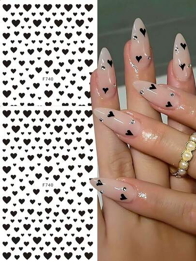2pcs Black Mini Heart Nail Art Stickers, Romantic Expression Of Love For Valentine's Day, French Design, Suitable For Women And Girls DIY Nail Art Nails Nail Supplies
