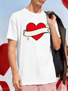 T-shirt à motif cœur rouge pour la Saint-Valentin, tissu de qualité supérieure, col rond, coupe confortable, style décontracté - Blanc - Voir 1