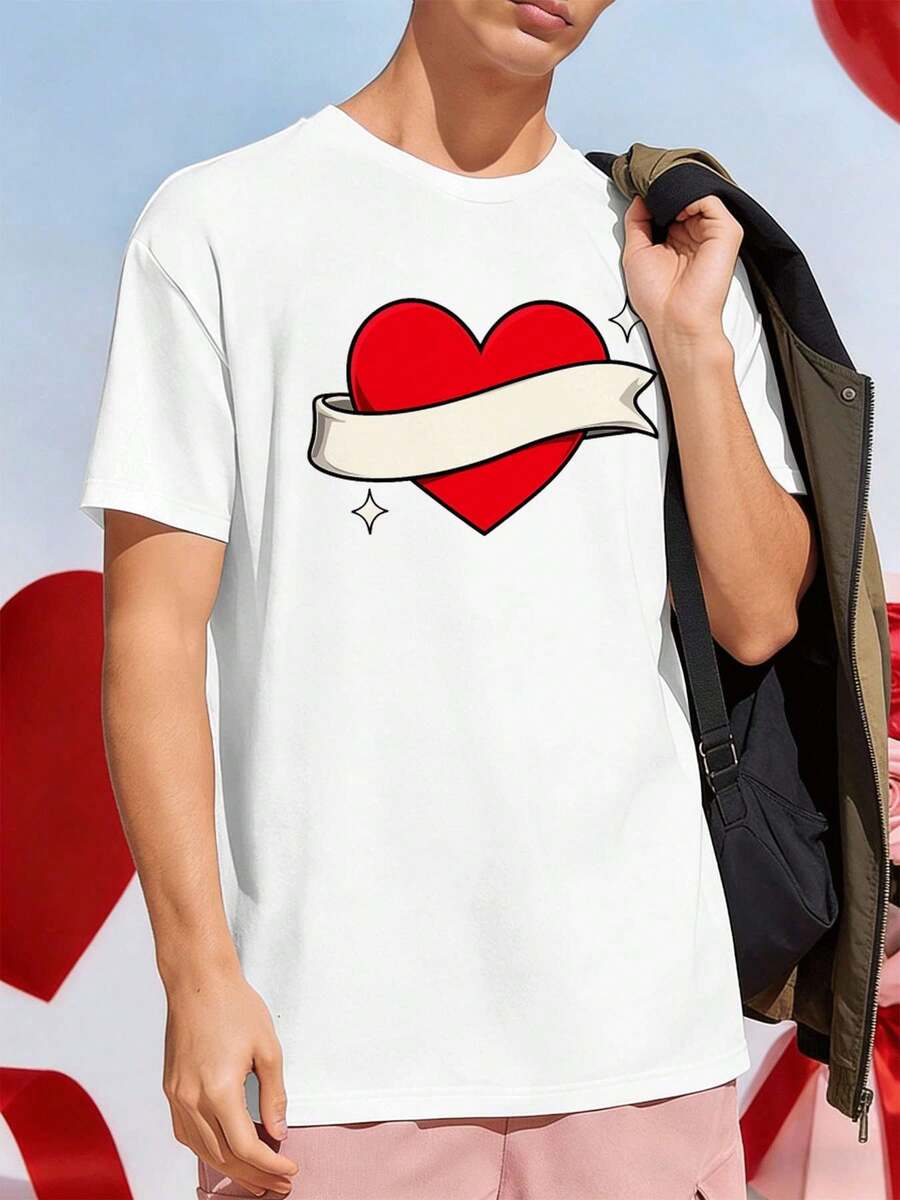 T-shirt à motif cœur rouge pour la Saint-Valentin, tissu de qualité supérieure, col rond, coupe confortable, style décontracté - Blanc - Voir 1