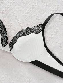 1pc Women's Contrast Lace Underwire Bra - White And Black, Suitable For Office Wear - White - View 3