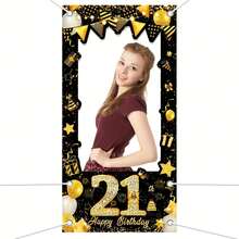 1pc Black & Gold Happy Birthday Photo Booth Prop Banner Decoration, For 18th, 21st, 30th, 40th, 50th, 60th, 70th, 80th, 90th Birthday Celebration, Birthday Photo Frame Decor Background, Home Decor - Multicolor - View 3