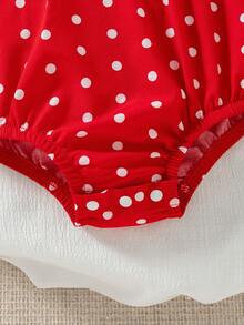 夏季女婴可爱红色波点蝴蝶结连体衣和蝴蝶结遮阳帽 - 紅色 - 查看 3