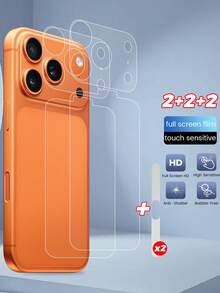 [2+2] For IPhone 17pro/17pro Series, 2pcs Fiber Glass PET Soft Film Curved Edge Back Protector, High Definition, Anti-Scratch, Anti-Fingerprint + 2pcs Camera Lens Protector, Anti-Scratch, Anti-Fingerprint + 2pcs Earpiece Dust Proof Sticker, Protect Charging Port, Anti-Scratch - Clear - View 4