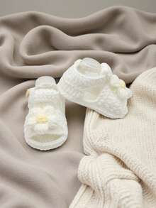 1 Pair Infant Sandals, White Crochet Knit, Flower Decoration, Slip-On Style With Soft Sole