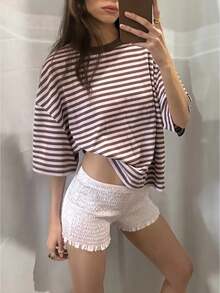 Womens Oversized Striped Short Sleeve Shirt Loose Fit Color Block Crew Neck Tshirt Summer Lounge Blouses Basic Tee - Pink - View 2