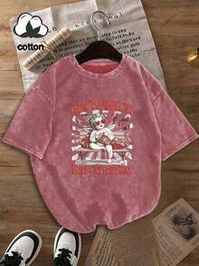 可爱丘比特印花短袖T恤，独特有趣的设计，大码女式T恤，水洗棉T恤，大码女式日常穿着，雪花纹理面料，大码舒适圆领休闲上衣，复古做旧T恤，大码女装，春夏服装，情人节女装，情人节，情人节穿搭 - 粉色 - 查看 1