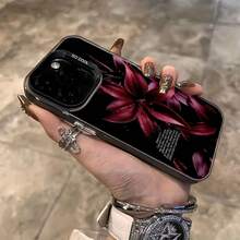 1pc Black Minimalist Personalized Black Background English Dew Red Lily Flower Pattern Phone Case, Suitable For IPhone 16 Pro Max, 17/16/15/14 Plus, 13/12/11, Air - Multicolor - View 2