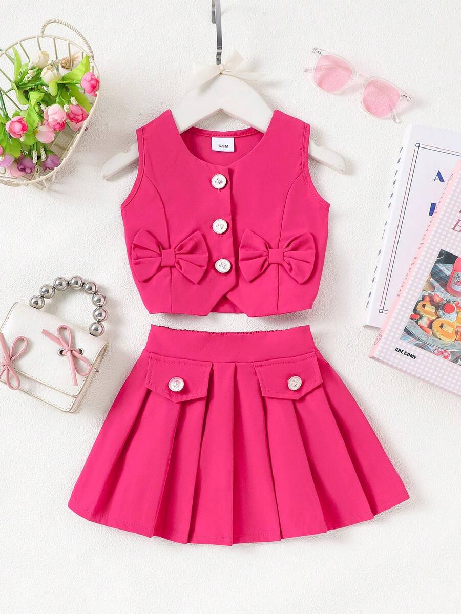 2件套女婴迷人短款开衫上衣+半裙套装，春夏款 - 玫紅色 - 查看 1