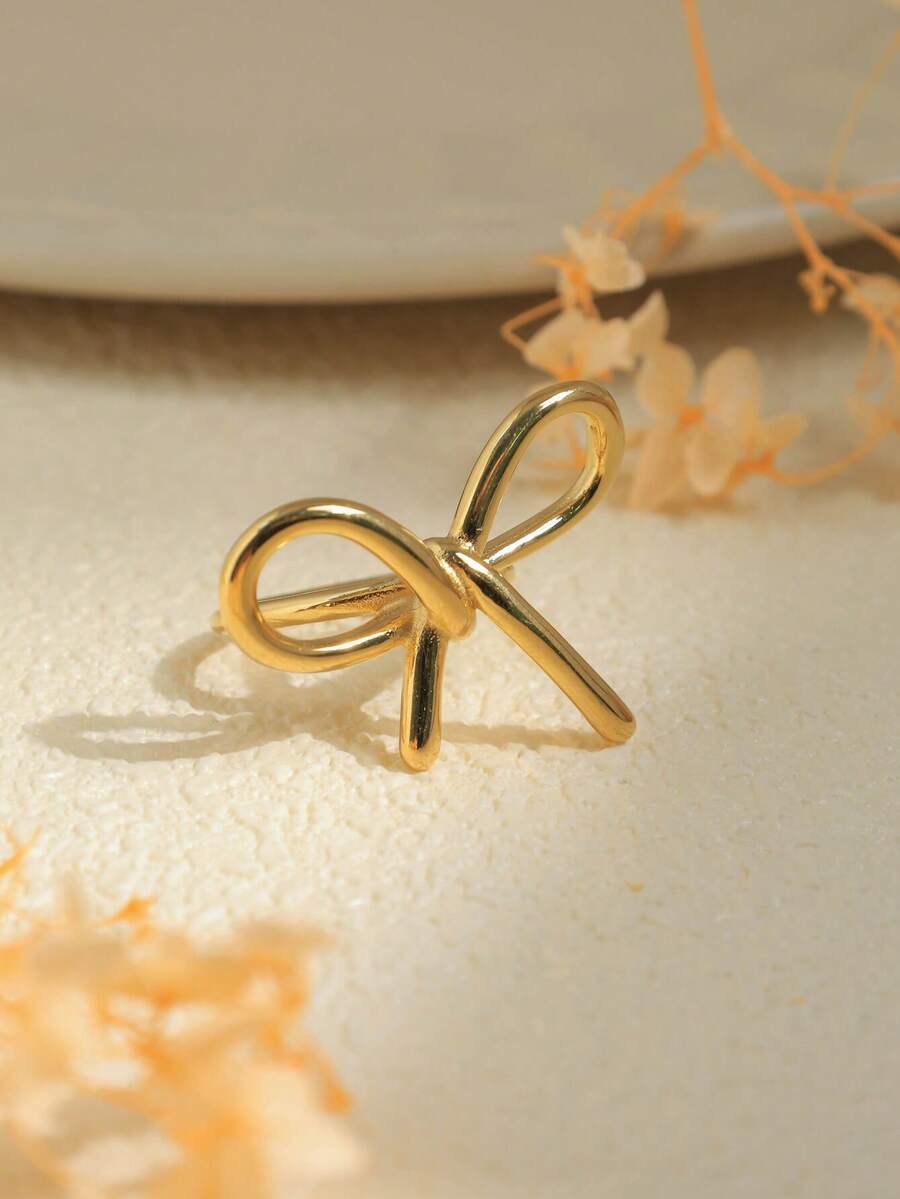 1pc Exquisite And Simple Stainless Steel Gold Bow Ring, Suitable For Girls, Fashionable Everyday Party Jewelry, Stylish Jewelry Gift. - Gold - View 1