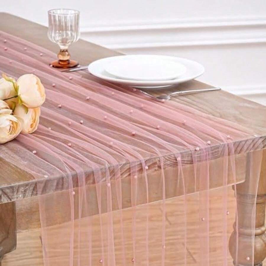 LuoluoHouse - Mantel de Tul de Perlas Blancas: Camino de Mesa de 10 pies, Tela de Tul, para Boda, Velo de Novia, Baby Shower, decoración de Mesa de Novia(1 Pcs 29x120 Inches Rosa empolvado) - Multicolor - Ver 1
