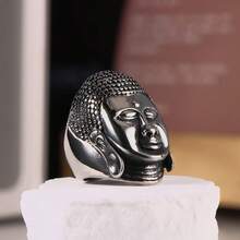 A Non-Fading Men's Ring Punk Hip-Hop Fashion High-End Chinese Style Men's Stainless Steel Ring Shakyamuni Buddha Head Ring Tathagata Buddha Face Ring SA815 - 銀色 - 查看 6