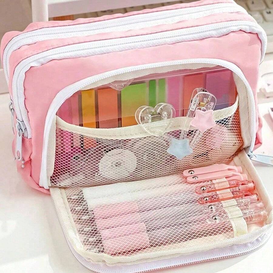 Big Capacity Pencil Case 3 Compartments Large Pencil Pouch Pen Bag Pencil Box Holder Organizer Simple Storage Aesthetic Stationery Cosmetic For Adults Men Women Office Essentials - 粉色 - 查看 1