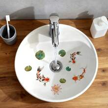 1片自粘防水浴室水槽贴纸，中国水墨鱼荷花图案，厨房浴室台面装饰 - 彩色 - 查看 2