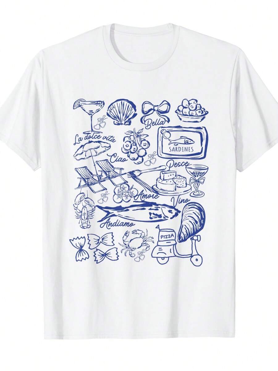 Italian Summer Clean Girl Sardines Fisherman Aesthetic T-Shirt-1 (2) - 白色 - 查看 1