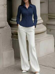 1pc Women's Solid Color Button-Up Elegant Commuter Casual Slim Fit Long Sleeve Shirt, Suitable For Office, Home, Daily Wear, And Dates, All Seasons Spring - Navy Blue - View 2