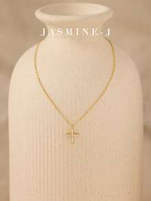 1 pieza Collar con colgante de cruz de plata de ley S925 con diamantes completos, chapado en oro, hipoalergénico, diseño de cruz minimalista y elegante, adecuado para uso diario, regalo perfecto para ella - Multicolor - Ver 2
