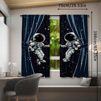 Set Of 2, Black Astronaut Space Curtains, Featuring Planets And Shuttles For A Cosmic Adventure, Decorative Drapes For Windows, Rod Pocket Design, Suitable For Bedroom And Living Room, Home And Room Decor, (Rod Not Included), Soft Peach Skin Window Curtains, 2-Panel Set For Bedroom & Living Room