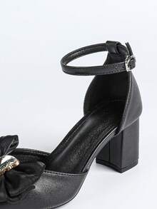 Women's Bow & Rhinestone Decor Chunky Heel Pointed Toe Ankle Strap High Heels, French Chic Style, Summer Black High Heels - Black - View 7