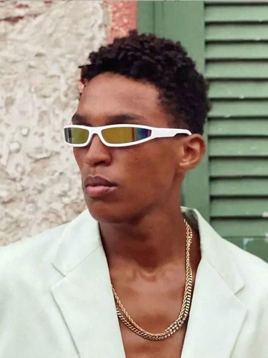 一副男士时尚Y2K运动眼镜，反光镜片，环绕式未来主义风格眼镜，朋克潮人眼镜，90年代窄矩形镜框时尚眼镜，小巧便携，适合派对、驾驶、海滩、节日、旅行等场合，可搭配万圣节服装、街头服饰、毛衣、夹克、连帽衫、紧身裤和工装裤，非常适合夏季海滩度假、户外活动和旅行。 - 彩色 - 查看 1