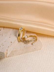 1PC Stylish Sparkling Zirconia Pearl Star-Shaped Micro-Set Stainless Steel Gold Opening Adjustable Ring, Suitable For Girls' Fashionable Commute, Simple Everyday Wear, Exquisite Jewelry Gift