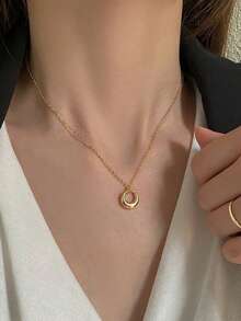 1pc Fashionable Minimalist Hollow Geometric Circle Alloy Chain Necklace For Women, Suitable For Holidays And Daily Wear - 541 Gold and Silver 2pcs - View 5