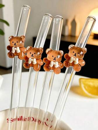 1/3/5pcs Reusable Cute Cartoon Bear Pattern Transparent Glass Bent Drinking Straws Set, Suitable For Kitchen Accessories, Water Cups, Cold Drinks, Straw Decor, Bubble Tea, Coffee, Juice, Smoothie, Home, Restaurant, Cocktail Party, Back To School, Gifts For Boyfriend, Girlfriend, Parents, Friends For Holidays, New Year, Valentine's Day
