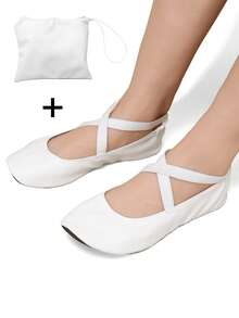 白色弹力带舞蹈鞋，轻便赤脚芭蕾平底鞋，可折叠便携婚礼舞蹈鞋，女士款，附赠收纳袋和室内拖鞋 - 白色 - 查看 5