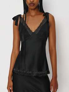 Women's Elegant Silk Satin Tank Top, Fashionable Sleeveless Glossy Blouse, Sophisticated High Neck Formal Office Shirt, Elegant Solid Color Evening Party Vest - 黑色 - 查看 3