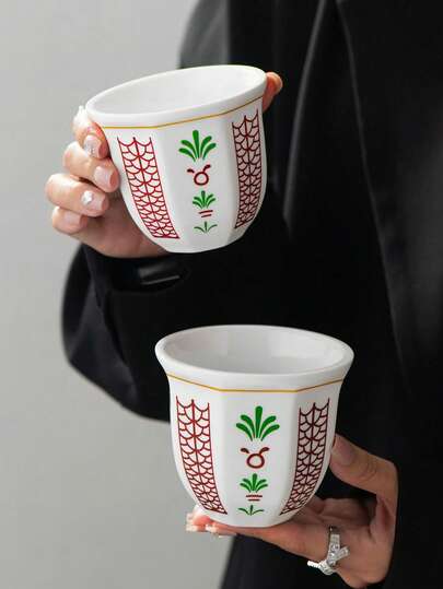 Octagonal Ceramic Coffee Cup, Middle Eastern Style Design, Suitable For Espresso, Tea, Milk Or Arabic Coffee. Available In Multiple Sizes. Great Gift For Saudi National Day.