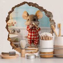 1pc Self-Adhesive Cute Toothbrushing Mouse Decorative Sticker, Funny 3D Wall Decor For Bathroom - Multicolor - View 3