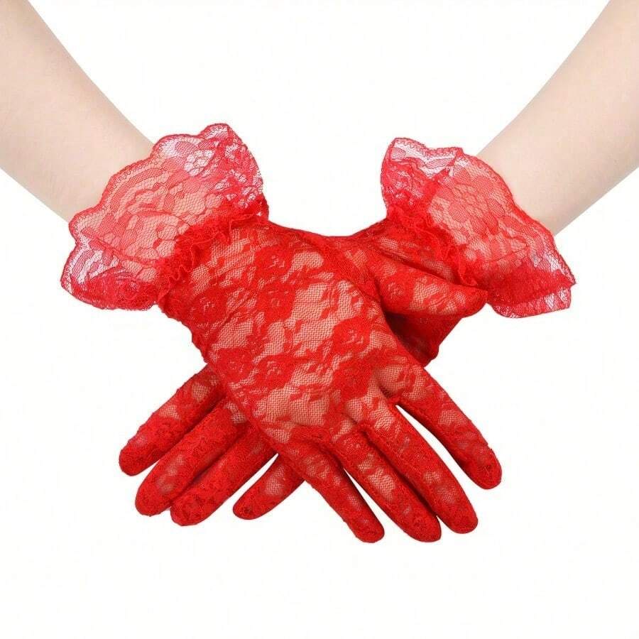 1pcs D EXCEED Women's Elegant Vintage Lace Gloves - Floral Soft Pink, Wedding, Party, Tea Party Gloves - No Power Required Formal Dress Up Accessories, Suitable For Bridal, Opera, Prom - Timeless Elegance, Exquisite Craftsmanship - 紅色 - 查看 1
