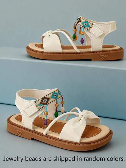 1 Pair Girls' White Beaded Pendant Geometric Embroidered Bow Sandals, Faux Leather, Non-Slip Flat, Ankle Strap, Bohemian Style Summer, Popular Net Red Item, High Praise, Fashion Design, Soft Bottom, Non-Abrasive, Holiday Gift, Children Sandals