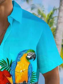 夏威夷鹦鹉印花男士短袖纽扣衬衫 - 藍色 - 查看 3