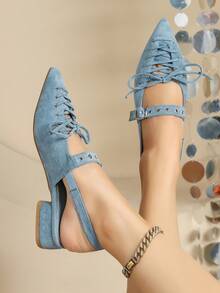 Women's New Pointed Toe Lace-Up Low Heel Casual/Work Shoes - Blue - View 4