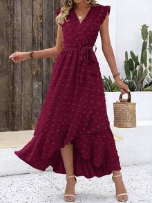 Women Summer Maxi Dress Swiss Dot V Neck Ruffle Cap Sleeve Tie Waist Wrap Ruffle Split Hem Long Dress Bohemia Boho Beach Holiday Vacation Valentine Flowy Long Midi Dress Outfits - 酒紅色 - 查看 3