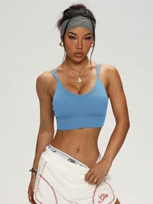 PinkTip Cross-Back Shaping Sports Bra, Built-In Bra Cup, Supportive, Seamless Fit, Suitable For Yoga And Casual Sports - Dusty Blue - View 5