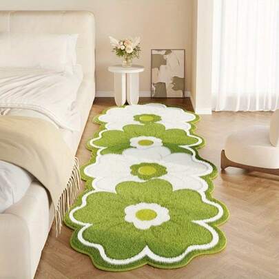 1pc Fresh Green & White Floral Long Carpet, Bedroom Bedside Decor Mat, Ins Style Green Flower Plush Rug, Irregular Size With 1-5cm Cutting Error, Hallway Long Carpet, Rug, Long Carpet, Area Small Rug, Mat, Home Decor, Area Rug, Living Room Area Rug, Living Room Home Decor, Room Decor, Thickened/Plush Carpet, Furry Carpet, Autumn/Winter Carpet, Washable