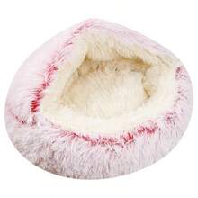 1pc Plush Round Pet Bed, Fluffy Soft Cat Bed, Donut Pet Mat, 2-In-1 Cat Bed For Winter, Warm Sleeping Bag Sofa Pad - Pink - View 7
