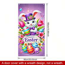 1pc Easter Theme Party Decoration Door Banner With Colorful Eggs And Spring Flowers, Cute Bunny Background Image, Suitable For Indoor/Outdoor Decoration, Party Door Decoration, Photography Background Decoration, Yard Decoration, Easter Party Decoration - Multicolor - View 3