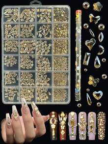 KIRAME 24-Grid DIY Manicure K9 Glass Champagne Flat Rhinestone Set - 20pcs High Gloss Rhinestones Per Style, Includes 1pc Dotting Pen, Nail Gems, Suitable For Nail Salons, Home Manicure, Nail Art Supplies, Christmas, New Year, Valentine's Day Nails, Holiday Gifts, Also For Crafts, Clothing, Textiles, Shoes, Glassware, Jewelry Making - Multi-Size Sparkling Decorations - 香檳色 - 查看 6