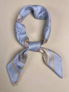 1pc Women's Cat Print Elegant Scarf, Satin Neckerchief Hair Accessory - Multicolor - View 3