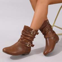 Brown Striped Buckle Pleated Mid-Calf Boots, Side Zipper, Flat Round Toe, Comfortable, Versatile, Suitable For Commute, Daily Wear, Vacation, All Season, Fashion Women's Boots,Cowgirl Boots - Brown - View 11