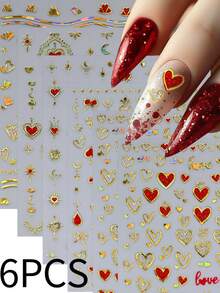 6片/套 情人节红色爱心黑色线美甲贴纸 5D 立体贴纸 DIY 指甲油美甲贴纸