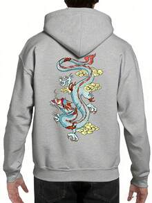Men's Red Dragon Pattern Hoodie - Casual Polyester Pullover - Grey - View 2